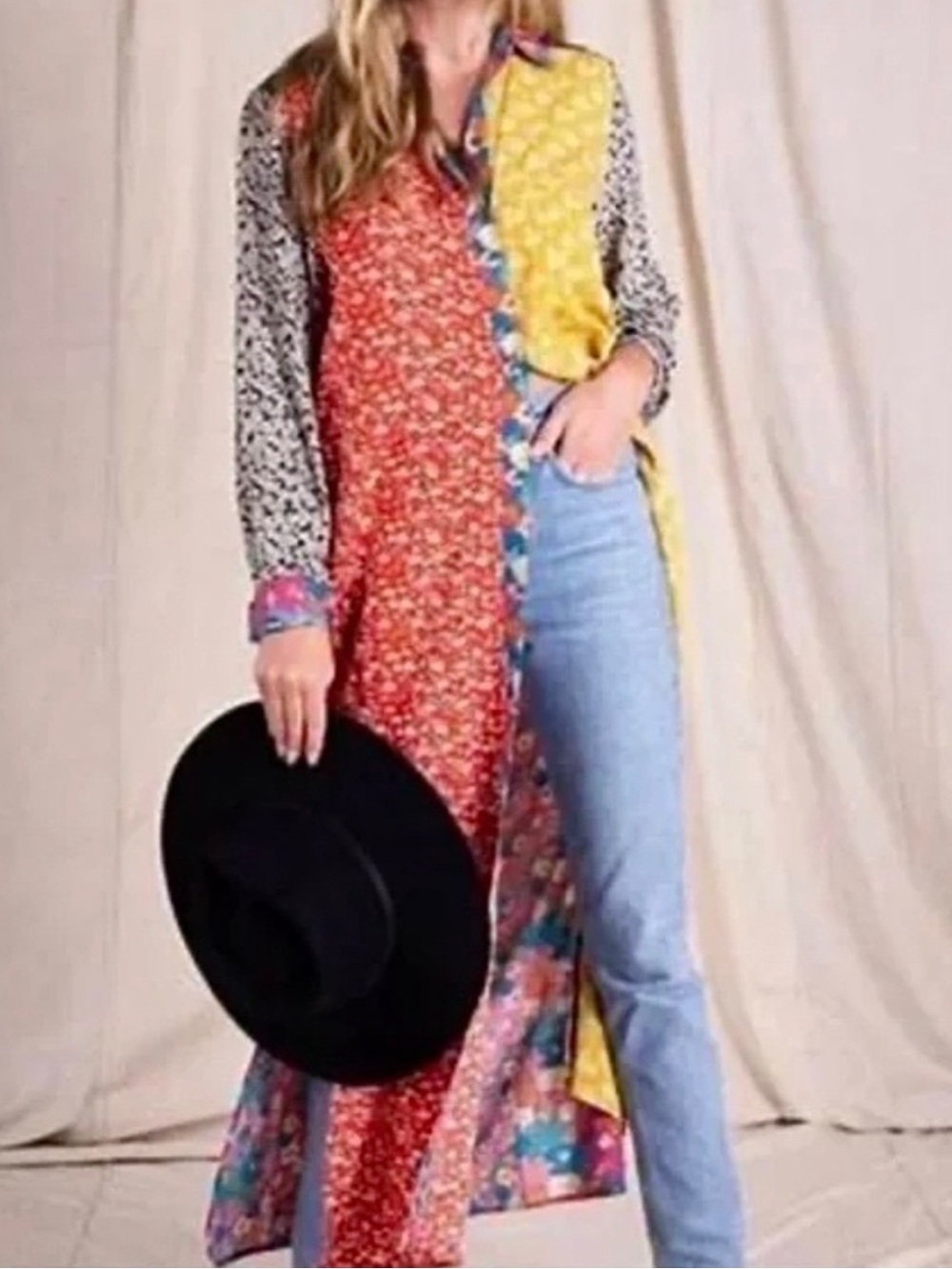 Natural Life Long Sleeve Esme Floral Patchwork Button Down Maxi Shirt Dress SZ M
